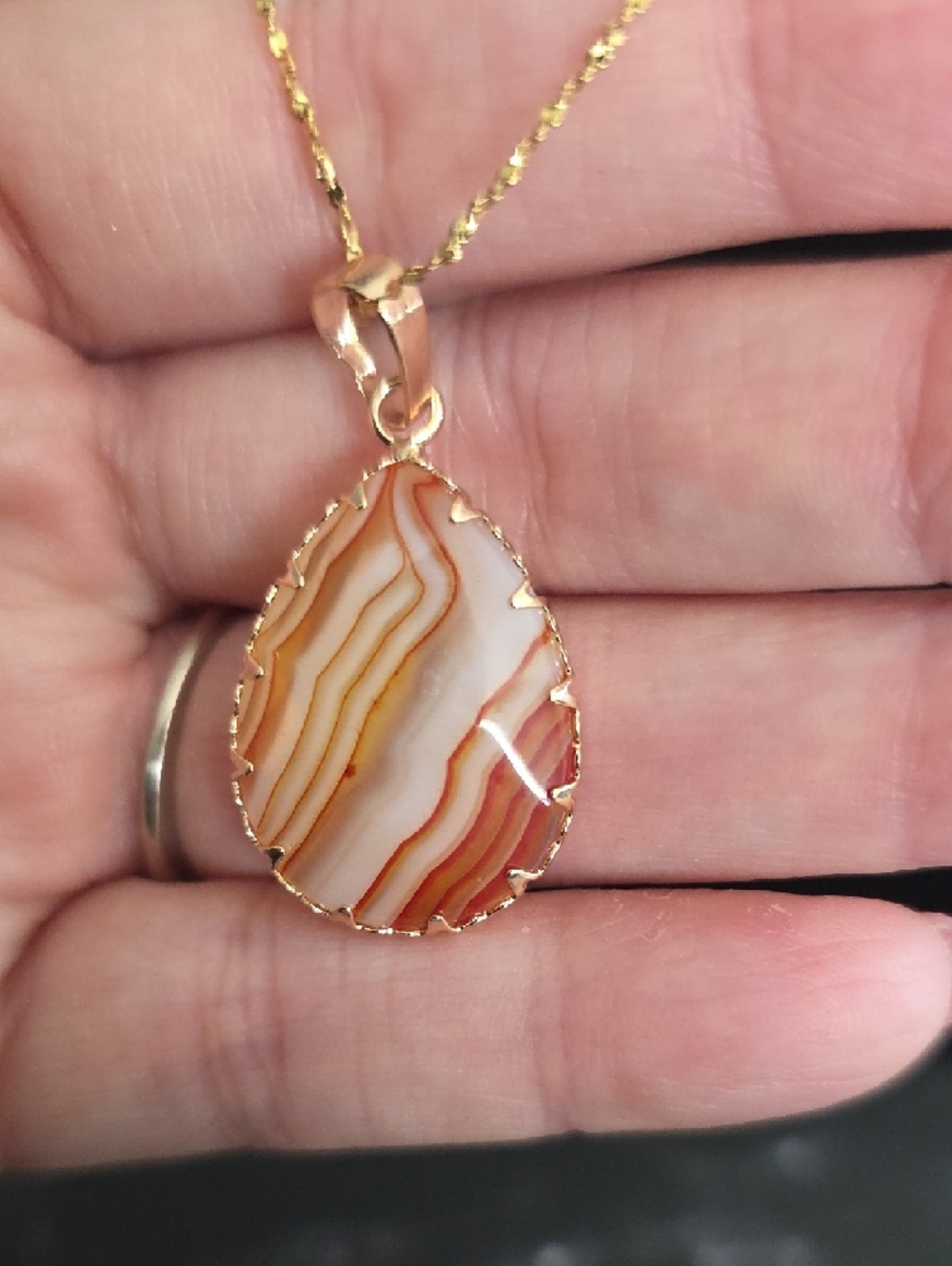 Gold Teardrop Shape Banded Carnelian Pendant Necklace - Picture 3 of 3